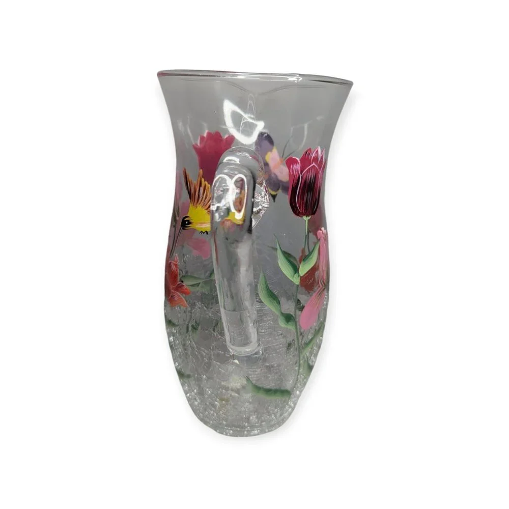 Vintage Fifth Avenue Crystal Hand Painted Floral Crackle Glass Drinking Pitcher